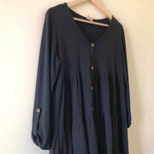 Ruffle Dress Button Front Ribbed Knit v-neck Black Size S